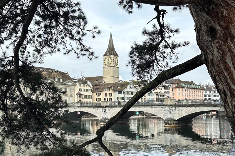 Scenic view of Zurich’s Old Town and St. Peter’s Church clock tower framed by tree branches over the Limmat River.