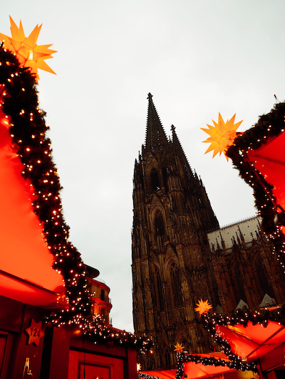 A shot of a cathedral at Christmastime