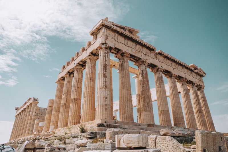 Angled view of the Parthenon on the Acropolis in Athens, Greece.