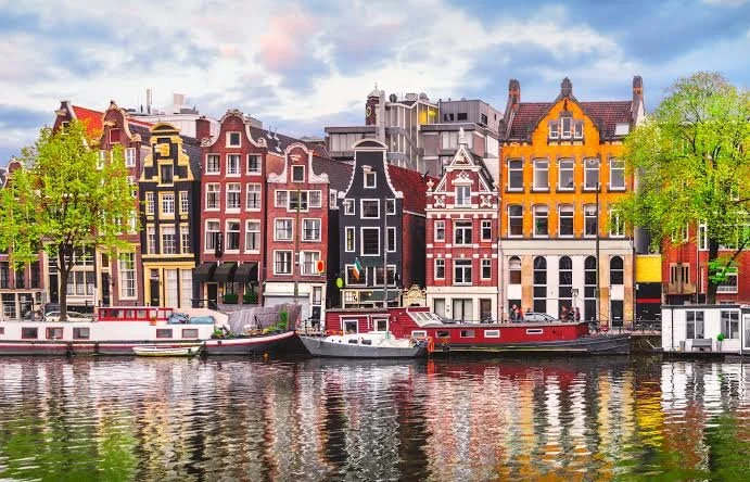 A riverside town overlooking the gently rolling water