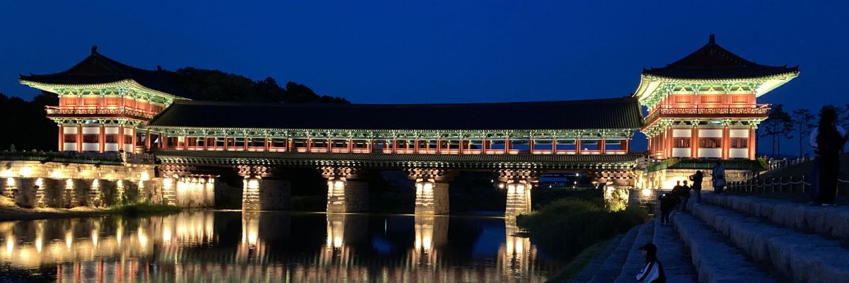 Stunning nighttime view of Woljeonggyo Bridge in Gyeongju, South Korea, with traditional architecture beautifully illuminated and reflecting in the calm river below.